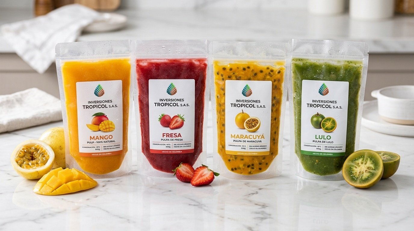 Presentación oficial multi-sabor de pulpas de fruta Inversiones Tropicol S.A.S. selladas y congeladas a -18°C