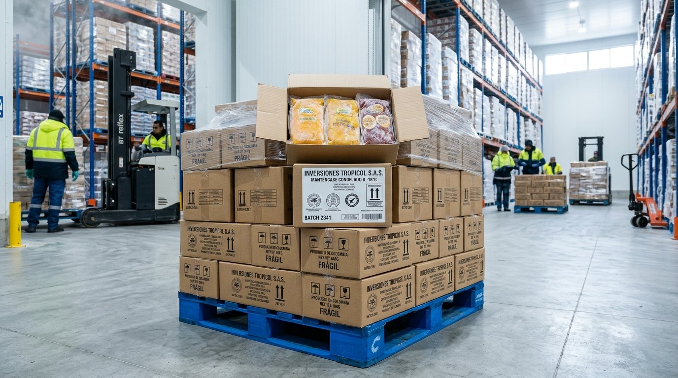 Despacho institucional y cajas maestras de pulpa de fruta Inversiones Tropicol S.A.S. en bodega refrigerada a -18°C